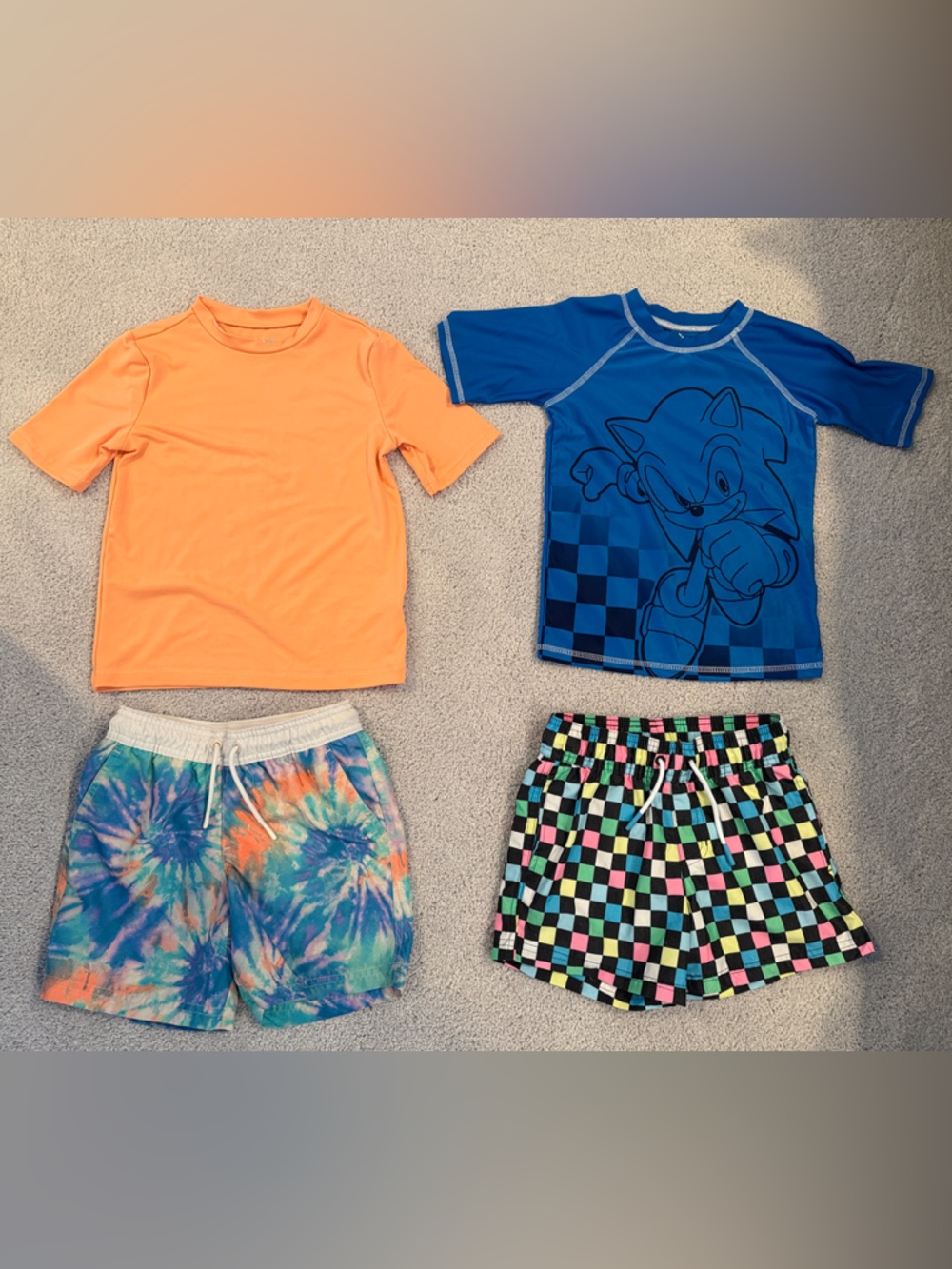 Kids Swim Set Bundle - Orange , Blue Sonic Rash Guard, Tie-Dye & Checker Shorts